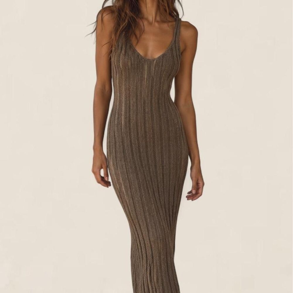Free People Brown Ribbed Knit Midi maxi  Dress Size Small Boho Minimalist 90s